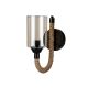 GloboStar® RIFT 203-0002 Vintage Επιτοίχιο Φωτιστικό Απλίκα Σχοινί Μονόφωτο 1 x E27 IP20 Μαύρο Μέταλλο με Μπεζ Σχοινί με Φιμέ Γυαλί - Μ12 x Π24 x Υ31cm